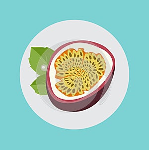 Half of passion fruit with leaves flat design