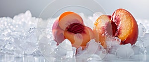 Half of a peach is placed on a block of ice, chilled fruit, sweet and delicious, good for health, Generative AI