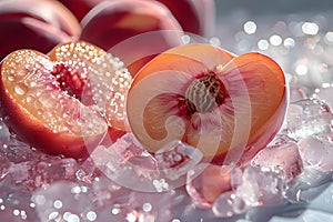 Half of a peach is placed on a block of ice, chilled fruit, sweet and delicious, good for health, Generative AI