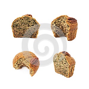 Half of a pecan nut muffin isolated