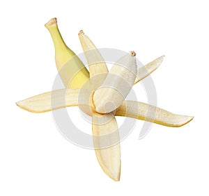 Half-peeled banana on white isolated background. Close-up.Top view.