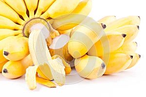 Half peeled egg banana and two hand of Golden bananas on white background healthy Pisang Mas Banana fruit food isolated