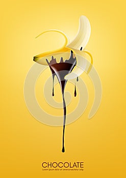 Half peeled ripe banana dipped in melting dark chocolate, fruit, fondue recipe concept, transparent, Vector illustration