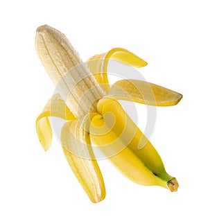 Half peeled ripe banana, isolated on white background with clipping path