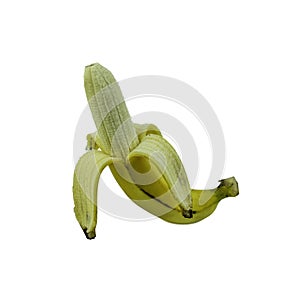 Half peeled ripe banana, isolated on white background