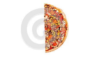 Half a pizza isolated on white background, top view. Pizza with mushrooms, corn, cherry tomatos, courgettes and bell peppers or Ve