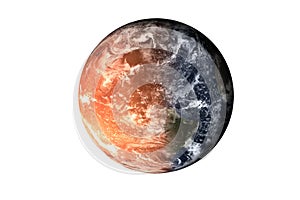 Half planet Earth with atmosphere with half Mars planet of solar system isolated on white background. Death of the planet.