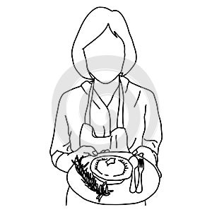 Half portrait of woman holding dish with cup cake vector illustration sketch doodle hand drawn with black lines isolated on white