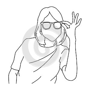 Half portrait of woman holding glasses vector illustration sketch doodle hand drawn with black lines isolated on white background