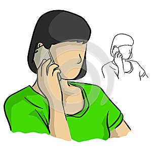 half portrait woman using mobile phone vector illustration sketch doodle hand drawn with black lines isolated on white background