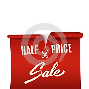 Half price discount, red realistic ribbon, advertisement, big sa