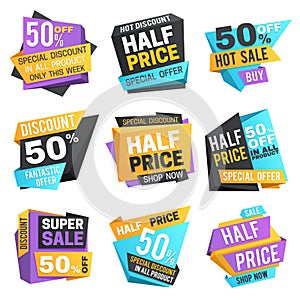 Half price labels. Super 50 off discount sale pricing tags. Vector set