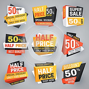 Half price sale tags. Special weekend offer discount, 50 off sale banners and coupons vector collection