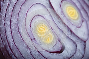 Half of purple onion close up.Chopped onion, red hot pepper and spice isolated on , top view, close-up, selective focus