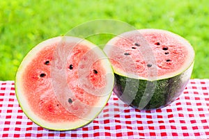 Half of red juicy watermelon on green grass background