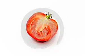 Half of a red tomato on a white background. Tomato with cutting outline. Dietary vegan food