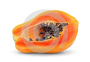 Half of ripe papaya fruit with seeds isolated on white background