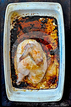 Half Roasted Chicken in a white rectangular roasting pan