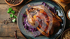 half of the roasted duck served with cabbage