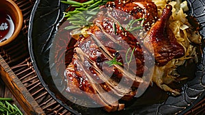 half of the roasted duck served with cabbage