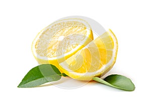 A half with slice and leaves of beautiful yellow lemon isolated on white background with clipping path