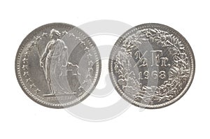Half Swiss Francs coin isolated on white 1968