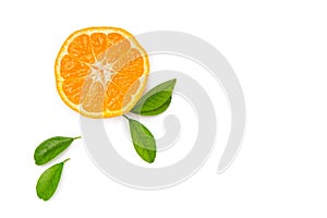 Half tangerine with leaf on a white isolated background. Fresh, bright fruits. Top view. Flat lay