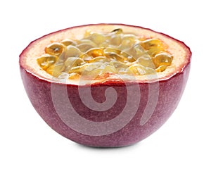 Half of tasty fresh passion fruit maracuya isolated