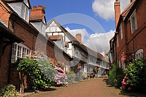 Half Timbered Black and White Houses in summer , Shakespeare`s Country, Malt Mill Lane Alcester Warwickshire, UK.