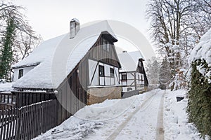 A half-timbered building is a building, its walls are built using the half-timbering technique. Typical for northern Bohemia.