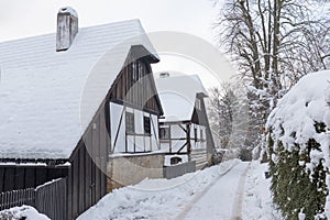 A half-timbered building is a building, its walls are built using the half-timbering technique. Typical for northern Bohemia.