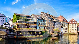 Half-timbered buildings lining the river Ill in the Petite France quarter in Strasbourg, France