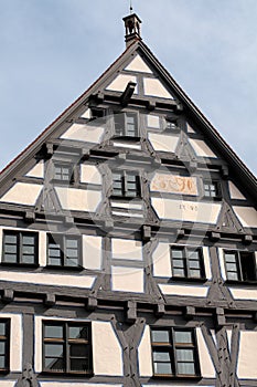 Half-timbered facade of renovated medieval house in Ulm, Germany