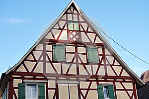 Half-timbered gable of a renovated house of 18th century