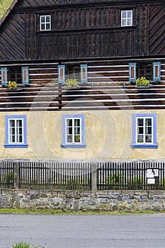 Half-timbered house, folk architecture in Zubrnice, North Bohemia, Czech Republic