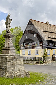 Half-timbered house, folk architecture in Zubrnice, North Bohemia, Czech Republic