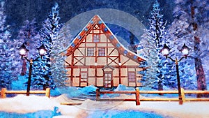 Half-timbered house at winter night in watercolor