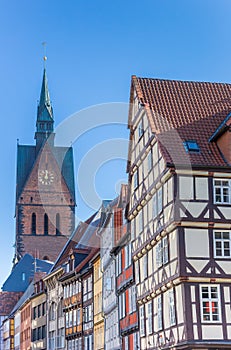 Half-timbered houses and church tower in Hannover