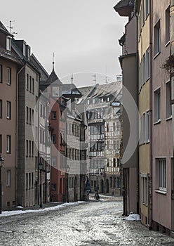 Half-timbered houses in one of the picturesque streets in the historical center of Nuremberg, Bavaria - Germany