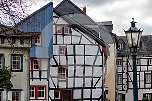 Half-timbered houses and street lamp in Bad Muenstereifel