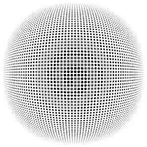 Half-tone dots, circles, dotted element. Sphere, orb or globe distortion speckles. Diffuse radial, radiating bloat, bulge warp.