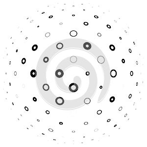 Half-tone dots, circles, dotted element. Sphere, orb or globe distortion speckles. Diffuse radial, radiating bloat, bulge warp.