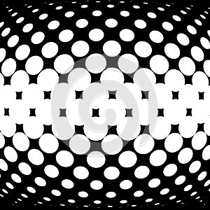 Half-tone dots. Dotted, circles pattern. Sphere, orb or globe distortion speckles. Diffuse radial, radiating bulge, bloat warp.