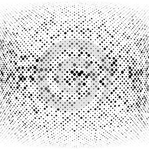 Half-tone dots. Dotted, circles pattern. Sphere, orb or globe distortion speckles. Diffuse radial, radiating bulge, bloat warp.