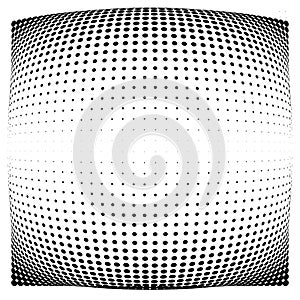 Half-tone dots. Dotted, circles pattern. Sphere, orb or globe distortion speckles. Diffuse radial, radiating bulge, bloat warp.