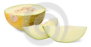 Half and two slices of fresh ripe melon on a white isolated background. Close-up.