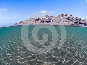 Half underwater shot, Beach view half sky half water, clear turquoise water and sunny blue sky, Tropical ocean, Half underwater sh