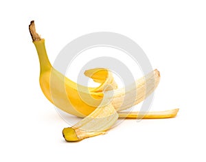 Half unskin banana on white background