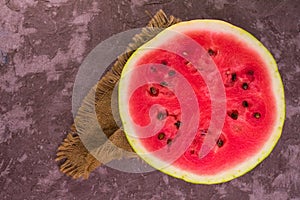 Half Watermelon Napkin Gray Background Top View Copy Space