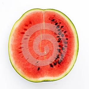 Half watermelon with seeds isolated on white from above.